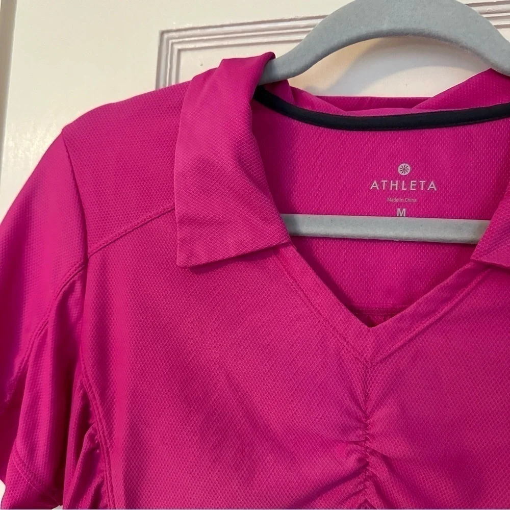 Athleta Top Birdie Rouched Collar Short Sleeves V-neck Pink Tennis Golf Size M